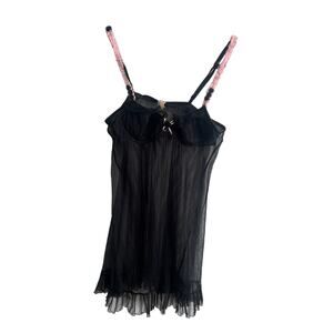 Vintage Chantal Thomass Black & Pink Rosette Pleated Babydoll Slip Dress 34B